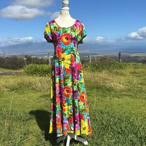 Vintage 90s Jams Word Hawaii Floral Trisha Short Sleeve Maxi Dress Large